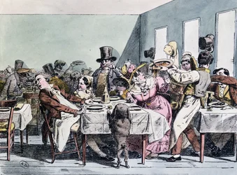 Heerlijke ervaring van een gezin in een druk restaurant, c.1860